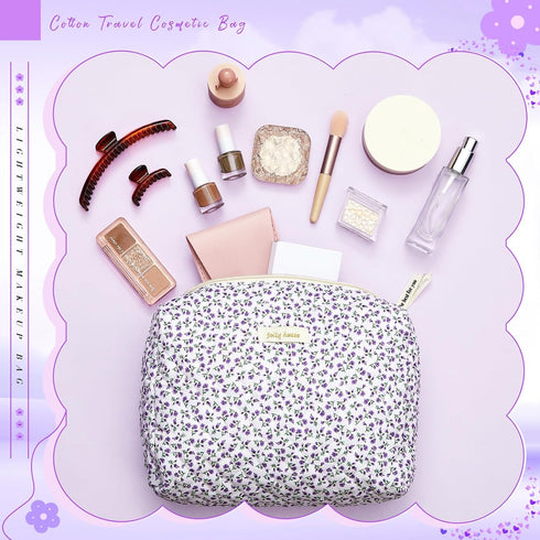 3 Pcs Quilted Makeup Bag Large Cosmetic Bag Floral Makeup Bag Travel Aesthetic Cute Kawaii Toiletry Cosmetic Pouch with Zipper for Women Gifts Hom...