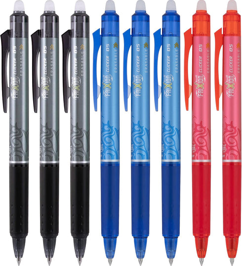 Pilot, FriXion Clicker Erasable Gel Pens, Extra Fine Point 0.5 mm, Pack of 8, Black, Red & Blue...