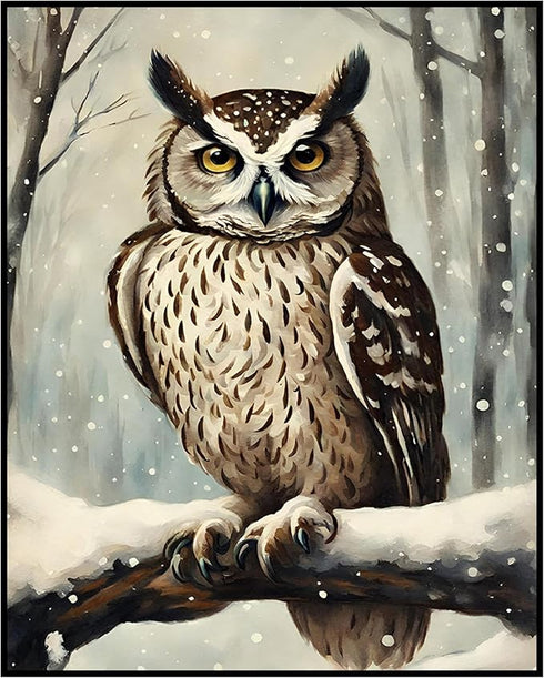 Posterizer 1 pcs-owl in nature-winter snowy scene in oil painting style-12-Art for Animal Lovers-Landscape & Nature Art-Decor for Home & Office- u...