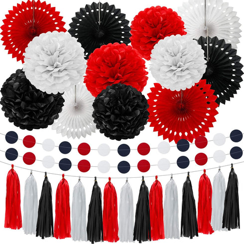 WILLBOND 29 Pcs Red and Black Decorations Mouse Paper Decoration Fan Pom Pom Honeycomb Flower Tissue Tassel Garland Theme Party Supplies for Gradu...