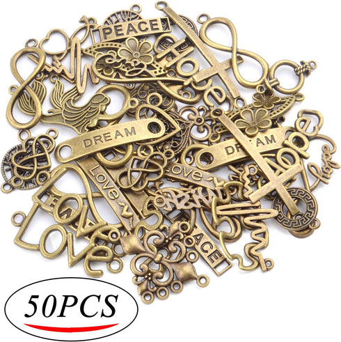 Words Connector Charms, 50 Pieces Mixed Word Letter Connector Pendant Infinity Symbol Link Charms for DIY Necklace Bracelet Jewelry Making - Antiq...