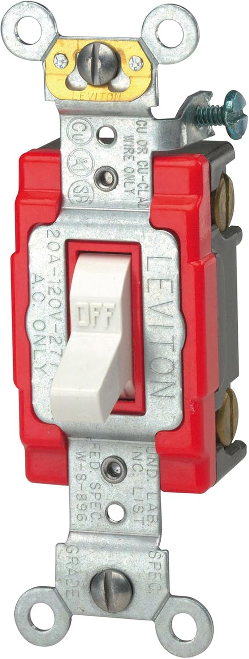 Leviton 1221-2W 20-Amp, 120/277-Volt, Toggle Single-Pole AC Quiet Switch, Extra Heavy Duty Spec Grade, Self Grounding, White...