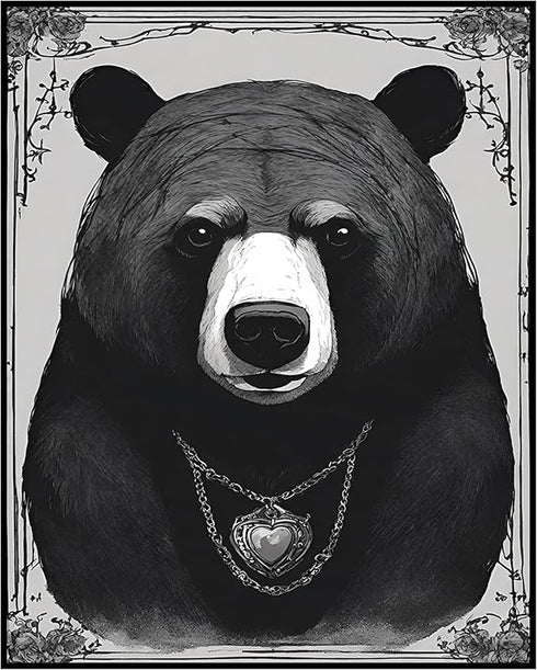 Posterizer 1 pcs- black and white theme-bear wearing necklace-Gothic Art-Art for Animal Lovers- Living Room Bedroom Decor- unframed wall art...