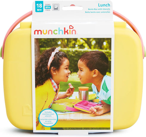 Munchkin Lunch Bento Box for Kids and Toddlers, Includes Stainless Steel Utensils, BPA-Free, 18 Months and Up, Pink/Green/Yellow...