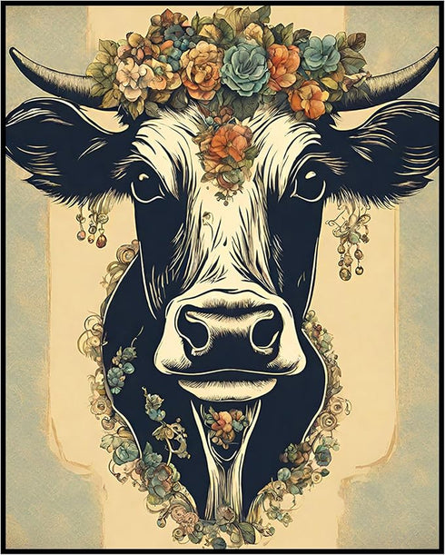 Posterizer 1 pcs-cute cow wearing a flower head piece-Art for Animal Lovers-GIft for Men Women Teens-Decor for Home & Office- unframed wall art...