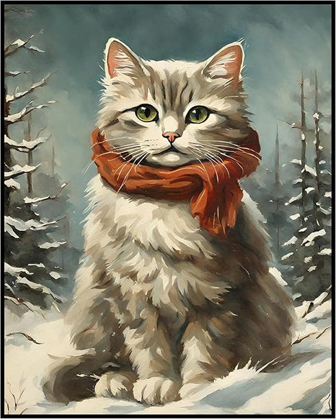 Posterizer 1 pcs-cute kitty cat in snowy winter-oil painting style -2-Art for Animal Lovers-Landscape & Nature Art-Decor for Home & Office- unfram...