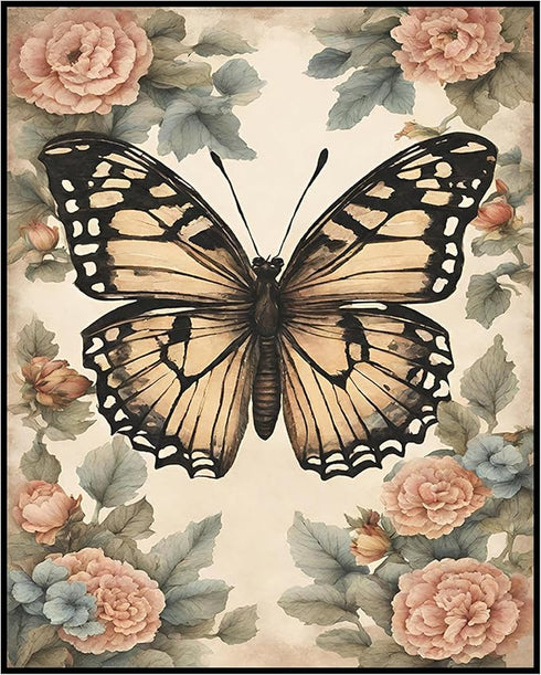 Posterizer 1 pcs- Yellow butterfly and pink pretty flowers-Art for Animal Lovers-Floral Botanical Art-Gift for Men Women Teens-Living Room Bedroom...