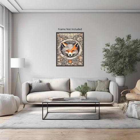 Posterizer 1 pcs- Red and gray fox in a circular frame next to flowers-Art for Animal Lovers-Abstract & Modern Art- Gift for Men Women Teens-Livin...