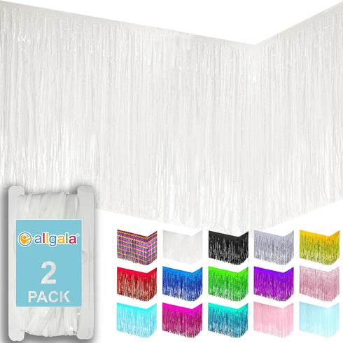 allgala White Tinsel Table Skirt 2-Pack 29x108 Inch Metallic Foil Fringe Table Skirts for Party Event, Parade Float, Party Decoraton...
