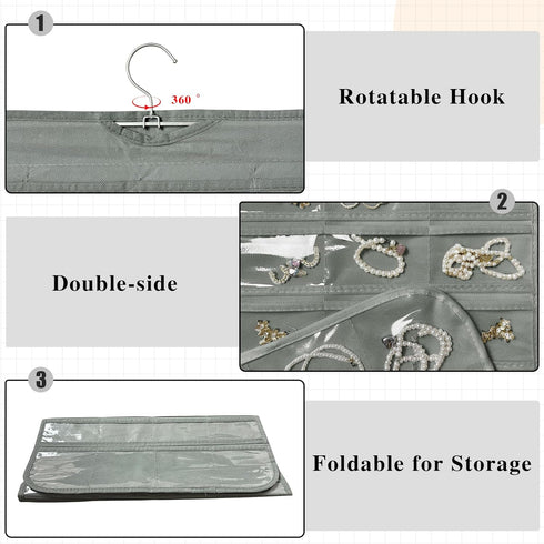1-Pack Hanging Jewelry Organizer 80-Pocket Dual-sided Jewelry Storage for Jewelry Earring Necklace Bracelet Ring Storage Travel Holder, Gray...