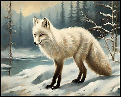 Posterizer 1 pcs-white arctic fox in snowy winter scene-oil painting style 3-Art for Animal Lovers-Landscape & Nature Art-Decor for Home & Office-...