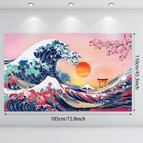 Ocean Wave Tapestry Japanese Kanagawa Backdrop Great Wave Tapestry Cherry Blossom Nature Sunset Background Wall Hanging Banner for Japanese Party ...