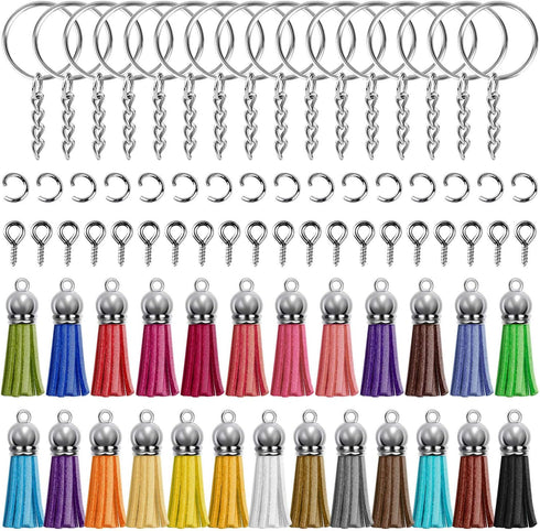 Keychain Tassles, Cridoz 200pcs Bulk Keychain Rings Set Includes 50pcs Tassels for Crafts, 50pcs Key Chain Rings, 50pcs Jump Ring and 50pcs Screw ...