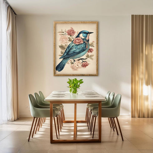 Posterizer 1 pcs- Beautiful blue bird with wild pink and red flowers-Art for Animal Lovers-Floral Botanical Art- Gift for Men Women Teens-Living R...