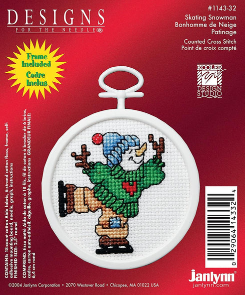 Janlynn 1143-32 18 Count Mini Counted Cross Stitch Kit, 2.5-Inch, Round, Skating Snowman...
