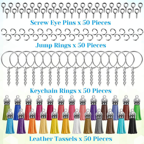 Keychain Tassles, Cridoz 200pcs Bulk Keychain Rings Set Includes 50pcs Tassels for Crafts, 50pcs Key Chain Rings, 50pcs Jump Ring and 50pcs Screw ...