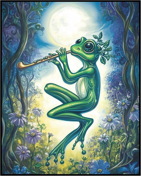 Posterizer 1 pcs-whimsical forest scene-frog playing music 5-Art for Animal Lovers-Fantasy & Fiction Art-Gift for Daughter, Son, Kids- unframed wa...