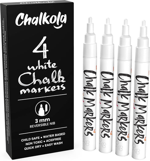 White Chalk Markers Fine Tip (4 Pack 3mm) - Wet & Dry Erase Chalk Pens for Blackboard, Chalkboards, Windows, Signs, Glass, Bistro - 3mm Reversible...