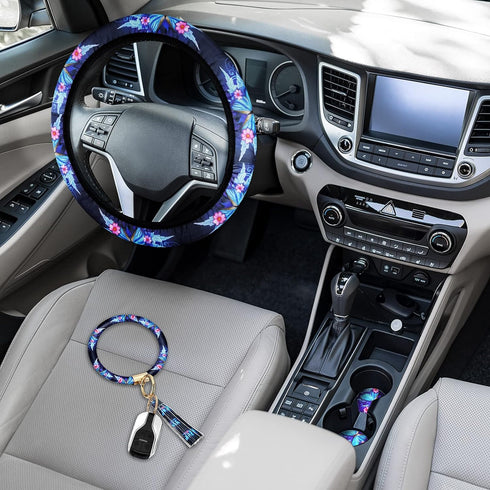 Butterfly Steering Wheel Cover Women Car Accessories Set with Car Cup Pad and Keyring Bracelet Butterflies Design Comfort Grip Steering Wheel Cove...