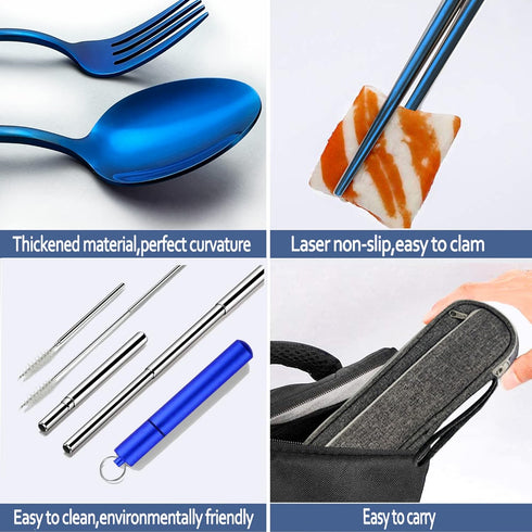 Portable Travel Reusable Utensils Silverware with Case,Travel Camping Cutlery set,Chopsticks and Straw Flatware, Stainless steel Travel Utensil se...