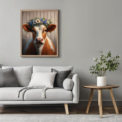 Posterizer 1 pcs-Cow Picture with Flower Crown-Farmhouse Print-Art for Animal Lovers-Floral Botanical Art-Gift For Animal Lovers-Living Room Bedro...