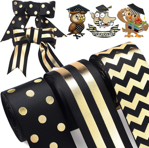 WILLBOND 3 Rolls 1-1/2 Inch Graduation Striped Ribbons Grosgrain Ribbons Dot Fabric Ribbon DIY Craft for School Graduation Gifts Wrapping Headband...