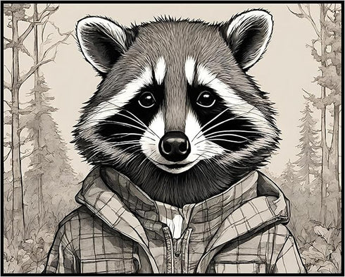 Posterizer 1 pcs- Black and white portrait of a raccoon with a jacket-Art for Animal Lovers- Gift for Men Women Entrepreneur Teens-Living Room Bed...
