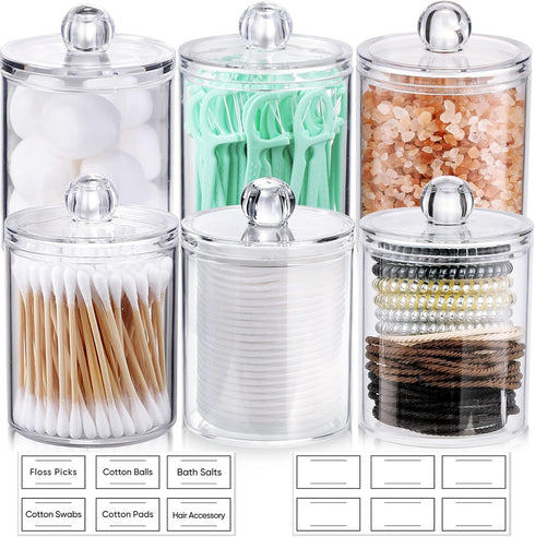 6 Pack Qtip Holder Dispenser for Cotton Ball, Cotton Swab, Cotton Round Pads, Floss - Clear Plastic Apothecary Jar Set, Bathroom Canister Storage ...