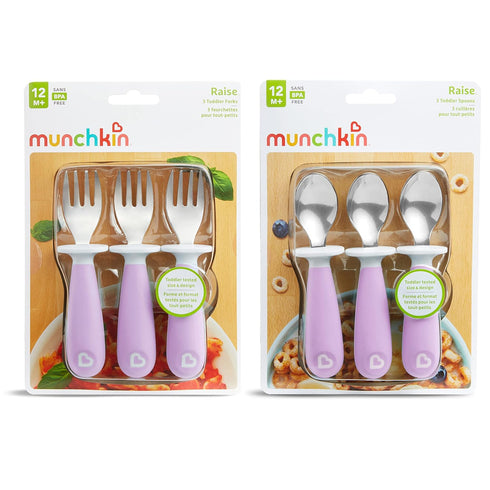 Munchkin® Raise™ Toddler Fork and Spoon Utensil Set, Rest Keeps Tip Off Table, BPA Free, 6 Pack, Purple...