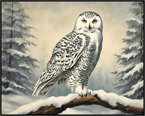 Posterizer 1 pcs-snowy winter scene of a white owl-oil painting style 4-Art for Animal Lovers-Landscape & Nature Art-Decor for Home & Office- unfr...