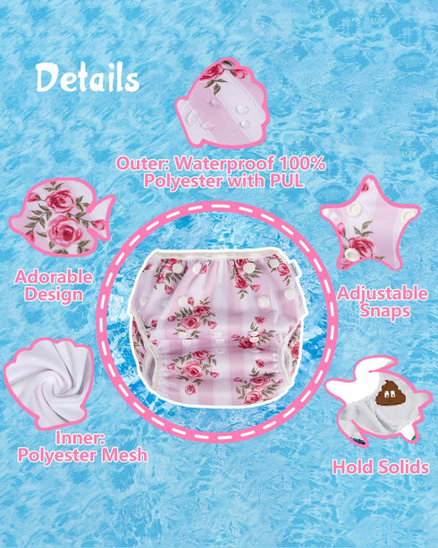 Babygoal Reusable Baby Girl Swim Diapers 3 Pack - Adjustable Washable for 0-8 Months Infants - Ideal for Swimming Lessons - Flower Design...