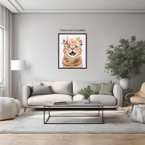Posterizer 1 pcs-Excited Cat With Flower Crown Cute Print-Art for Animal Lovers-Floral Botanical Art-Gifts for Women-Living Room Bedroom Decor- un...