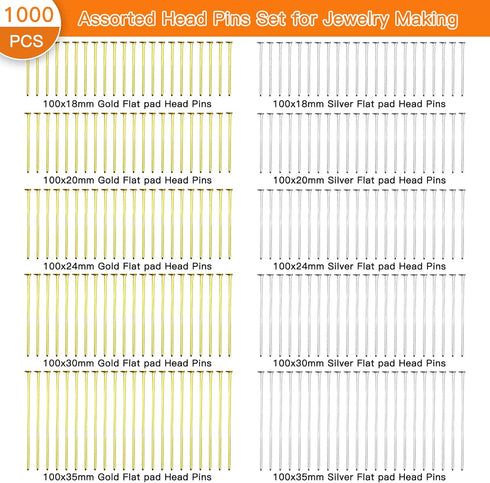 1000pcs Assorted Head Pins Set for Jewelry Making,Flat Head Pins Beading Pins Jewelry Head Pins Kit Head Pins Eye Pins Supplies for Earring Beadin...