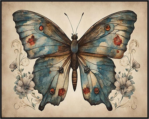 Posterizer 1 pcs- Blue butterfly next to small flowers-Art for Animal Lovers-Floral Botanical Art- Gift for Men Women Entrepreneur Teens-Living Ro...