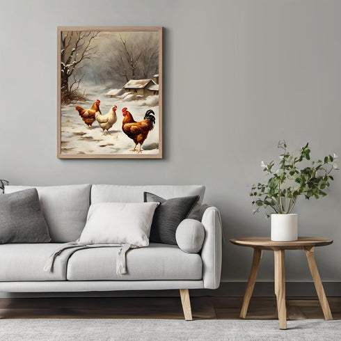Posterizer 1 pcs-chicken in snowy winter scene-oil painting style -1-Art for Animal Lovers-Landscape & Nature Art-Decor for Home & Office- unframe...