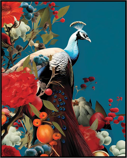 Posterizer 1 pcs-beautiful peacock bird , fruits , flowers collage-Art for Animal Lovers-Landscape & Nature Art-Gift For Animal Lovers- UNFRAMED W...