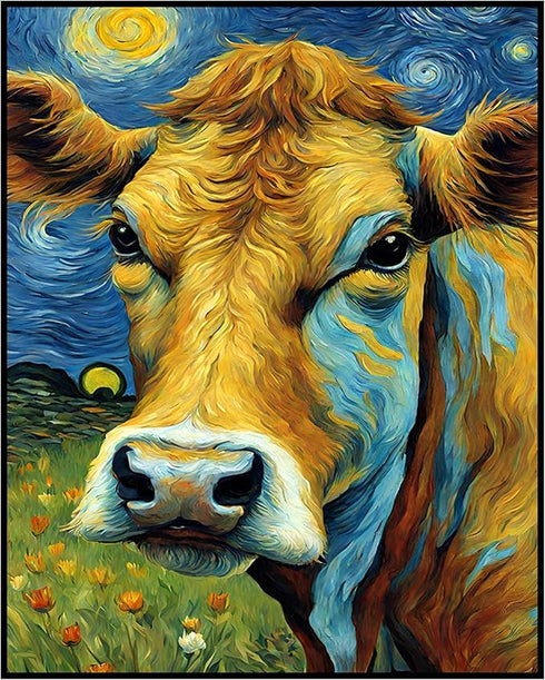 Posterizer 1 pcs- cute cow with starry night inspired background-Art for Animal Lovers-Gift for Art Lovers-Living Room Bedroom Decor- unframed wal...