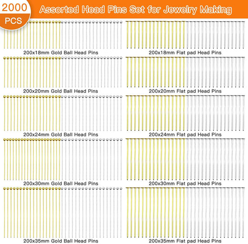 2000Pcs Assorted Head Pins Set for Jewelry Making,Jewelry Head Pins Kit includes 1000Pcs Ball Head Pins 1000Pcs Flat Head Pins Eye Pins for Jewelr...