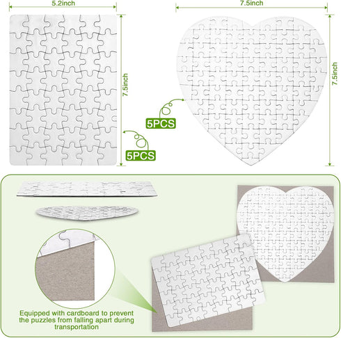 10 Sets Blank Sublimation Puzzle Jigsaw for Kids Rectangle Heart Shaped White DIY Custom Puzzle Heat Press Thermal Transfer Puzzle Pearl Puzzle Bl...