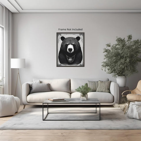 Posterizer 1 pcs- black and white theme-bear wearing necklace-Gothic Art-Art for Animal Lovers- Living Room Bedroom Decor- unframed wall art...