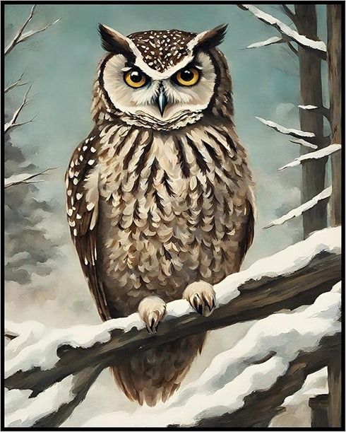 Posterizer 1 pcs-owl in nature-winter snowy scene in oil painting style-10-Art for Animal Lovers-Landscape & Nature Art-Decor for Home & Office- u...