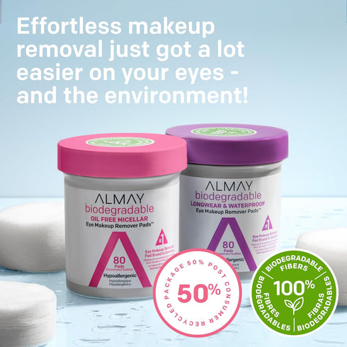 Almay Biodegradable Makeup Remover Pads, Longwear & Waterproof, Hypoallergenic, Fragrance-Free, Dermatologist & Ophthalmologist Tested, 80 count...