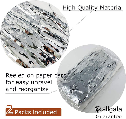 Allgala Silver Tinsel Table Skirt 2-Pack 29x108 Inch Metallic Foil Fringe Table Skirts for Party Event, Parade Float, Party Decoraton...