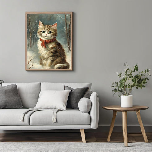 Posterizer 1 pcs-cute kitty cat in snowy winter-oil painting style -1-Art for Animal Lovers-Landscape & Nature Art-Decor for Home & Office- unfram...
