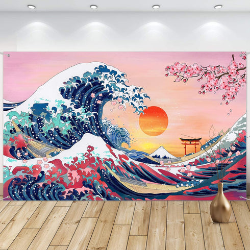 Ocean Wave Tapestry Japanese Kanagawa Backdrop Great Wave Tapestry Cherry Blossom Nature Sunset Background Wall Hanging Banner for Japanese Party ...