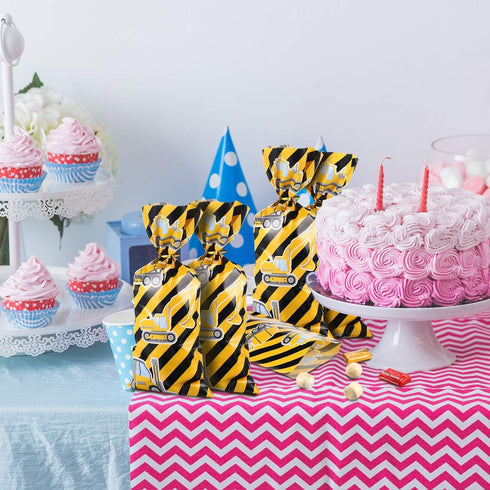 Gejoy 100 Pieces Construction Party Favor Bags Truck Themed Candy Treat Gift Construction Theme Cellophane Bags with 100 Pieces Golden Twist Ties ...