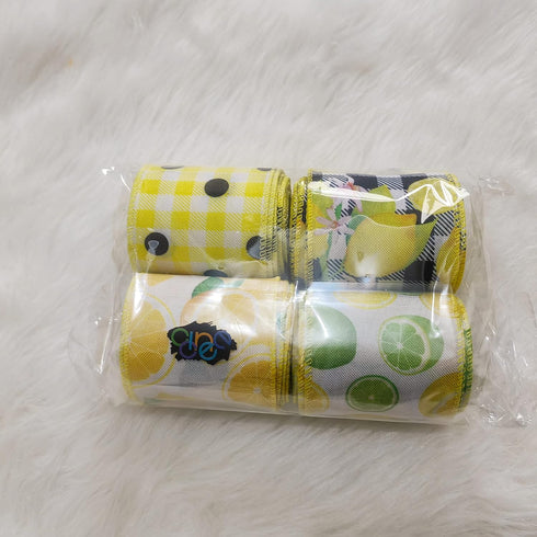 CCINEE 4 Rolls Wired Edge Ribbons with Lemon,2.5 Inch×26 Yards Yellow Satin with Lemon Polka Dot Stripe Plaid Check for Wreath Floral Arrangements...