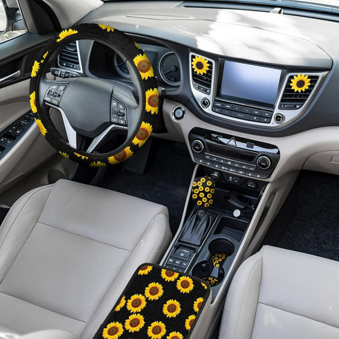 16 Pieces Sunflower Car Accessories Set Steering Wheel Cover Armrest Pad Gear Knob Cover Handbrake Cover Seat Belt Cover Cup Holder Vent Decoratio...