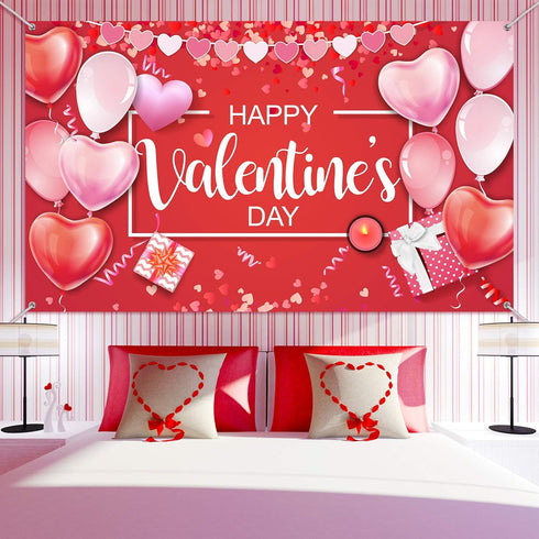 Sumind Happy Valentine‘s Day Banner 73''x43'' Heart Photography Backdrop Large Valentines Day Background Party Decorations Photo Booth Prop(Red Ba...