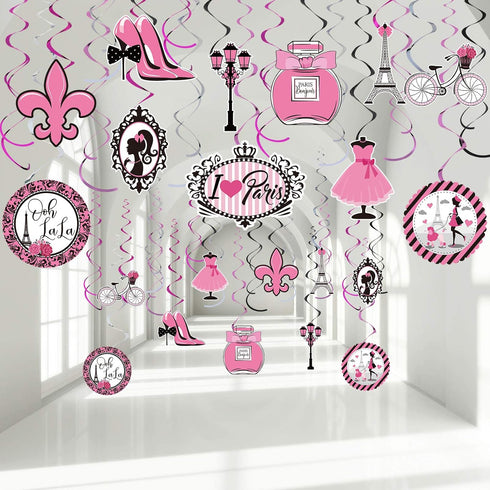 30 Pieces Paris Party Hanging Swirls Decorations, Pink Paris Eiffel Tower High Heels Ooh La La Card Hanging Metallic Foil Streamers Decor Kid Boy ...